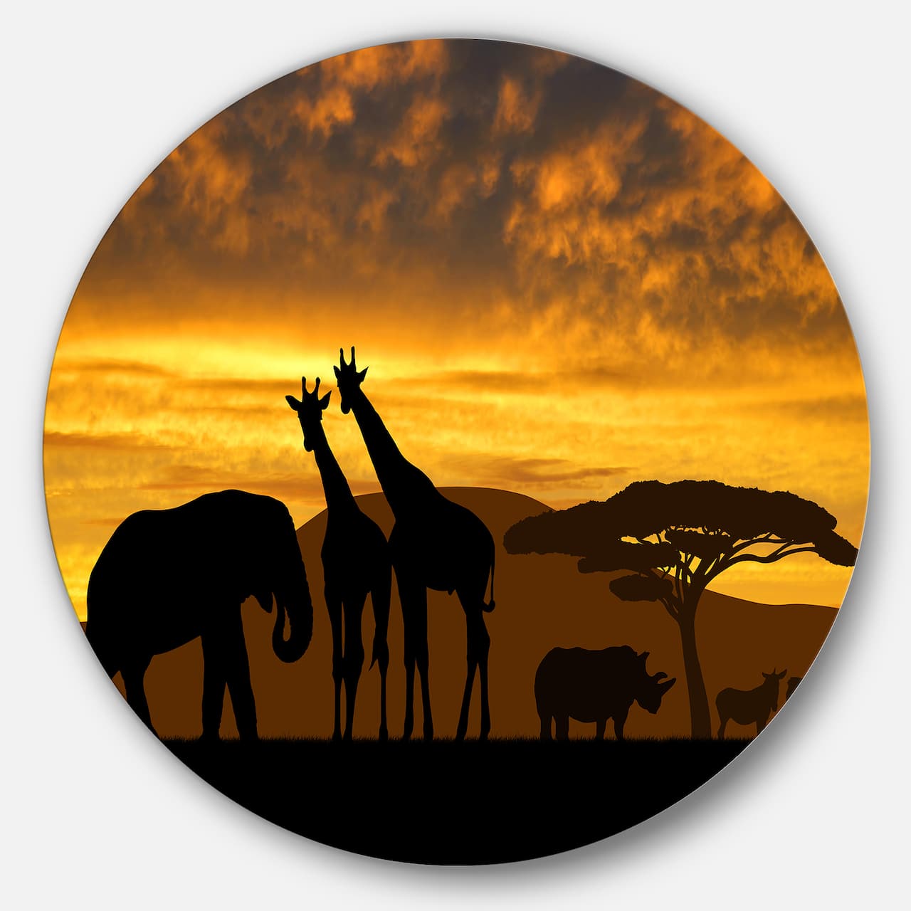 Designart - Giraffes and Elephant and Rhino' African Metal Circle Wall Art